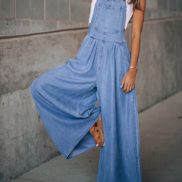 Stylish Wide Leg Medium Blue Denim Overalls/ Jumpsuits (S-2XL) - Picture 3 of 8